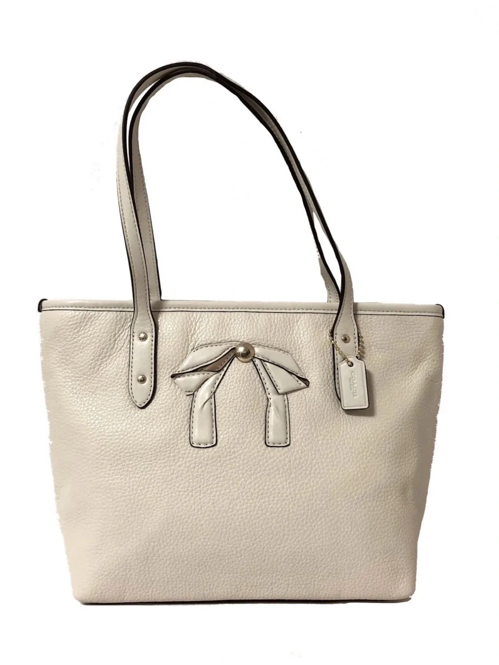 Coach Ivory Pebbled Leather Tote with Bow Accent